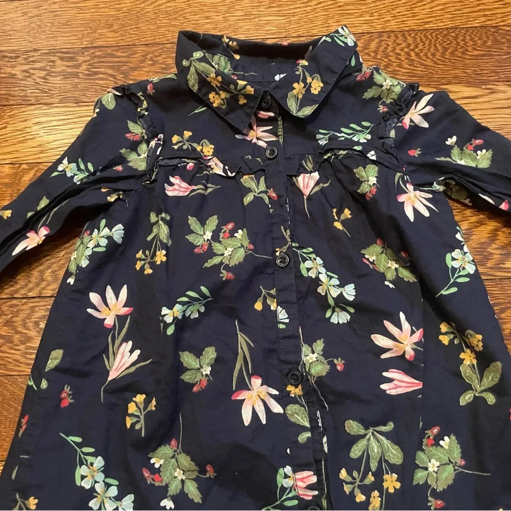 Baby GAP Navy Strawberry Print Long Sleeve Cotton Collared Shirt Dress Size 4